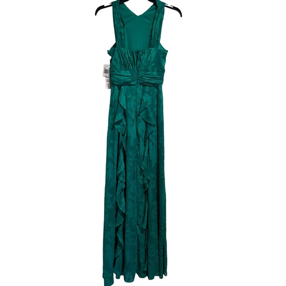 Aqua Formal Floral Burnout Chiffon Long Evening Gown Ruffle Skirt Green 0 NWT - Picture 4 of 10